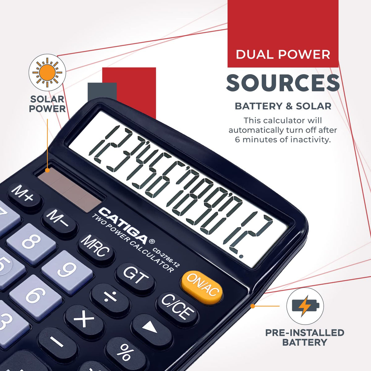 CATIGA 12 Digit Desk Calculator, Desktop Calculators with Large LCD Display & Big Buttons, Basic Simple 4 Function Solar Calculator, Dual Power Solar & Battery for School, Office & Home (CD-2786)