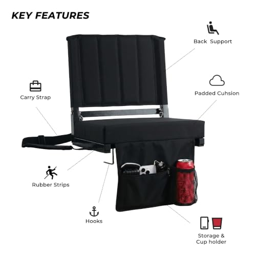 SPORT BEATS Stadium Seats with Back Support Folding Chair for Bleachers | 2.8" Thick Padded Bleacher Chairs, Folding Portable Stadium Seat with Anti-Tip Hooks, Back Support & Shoulder Strap