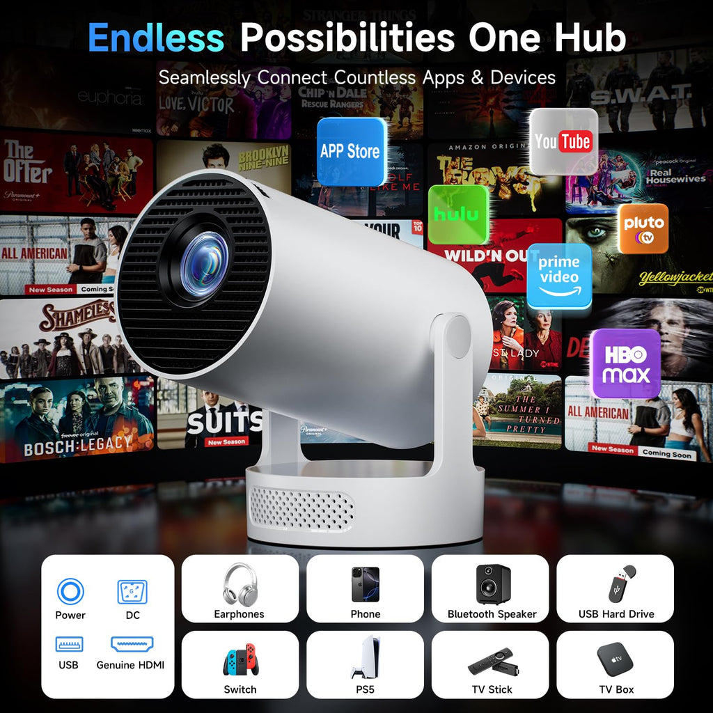 Philoent Mini Projector with WiFi 6 and BT 5.4, Built-in Apps 2026 Upgraded | 1080P/4K Support, 180° Rotation, Wi-Fi 6 & Bluetooth 5.4, Automatic Keystone Correction, Fast Focus, 25 dB for home cinema