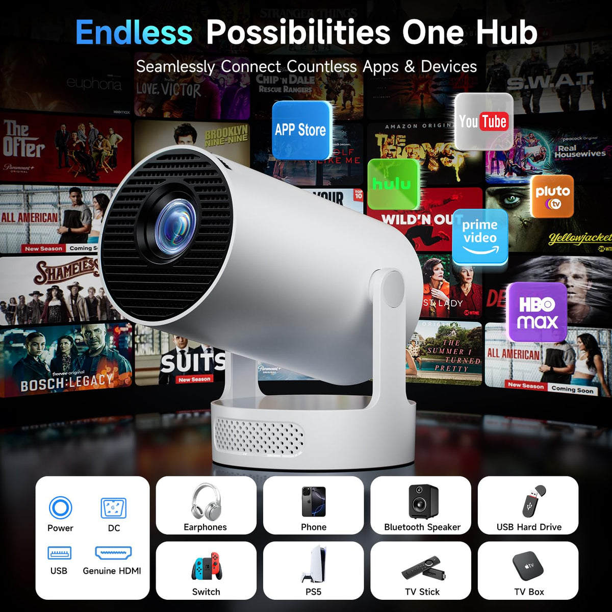 Philoent Mini Projector with WiFi 6 and BT 5.4, Built-in Apps 2026 Upgraded | 1080P/4K Support, 180° Rotation, Wi-Fi 6 & Bluetooth 5.4, Automatic Keystone Correction, Fast Focus, 25 dB for home cinema