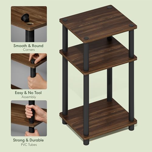 Furinno JUST Toolless 3-Tier Side Table, Open Shelf, Columbia Walnut | Soft-Corner, End Table, Night Stand, Bedside Table, for Living Room, Bedroom, Bathroom