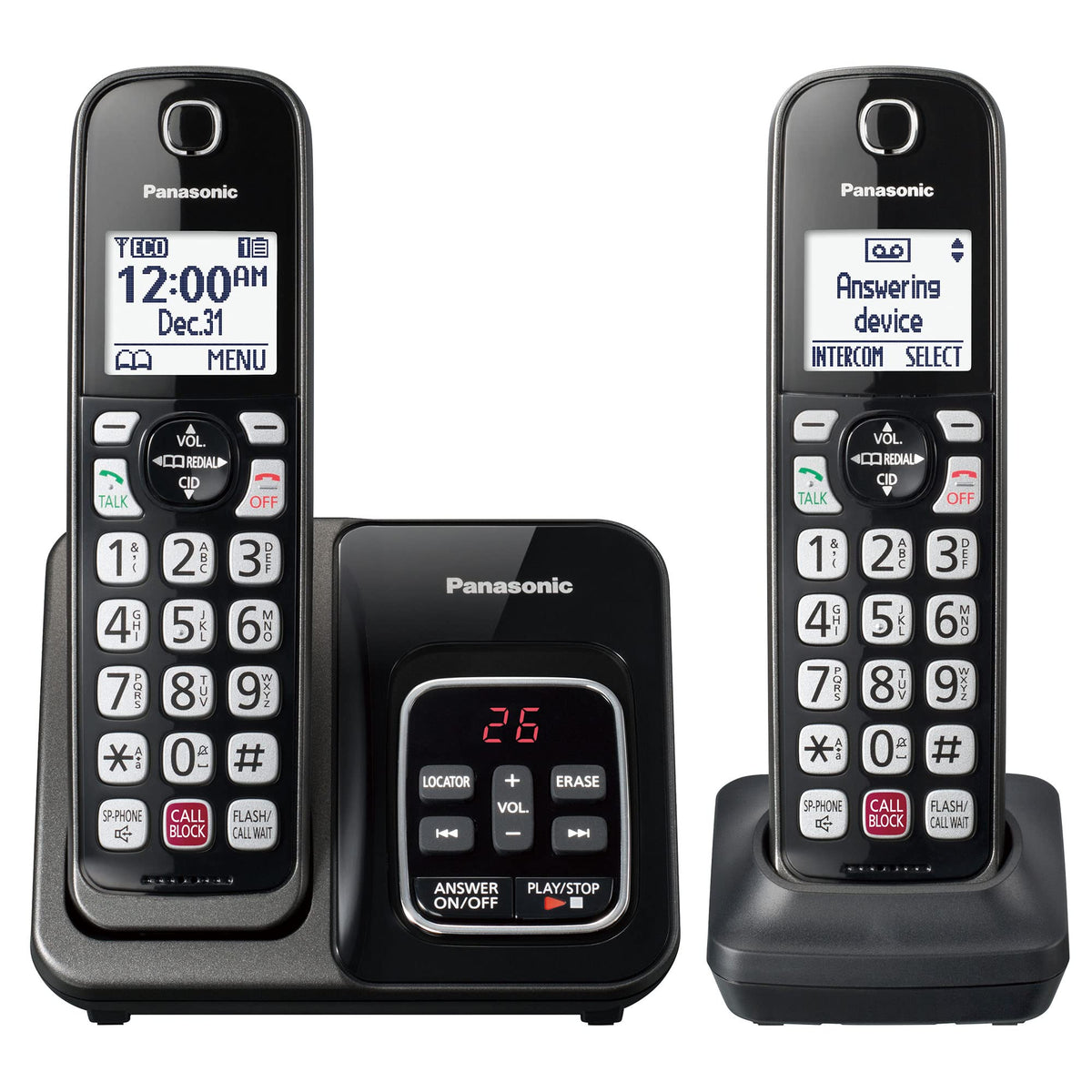 Panasonic Cordless Phone with Answering Machine, 2 Handsets Landline Phone | Home phones landline cordless featuring an answering machine, call block and caller ID, Metallic Black, KX-TGD832M