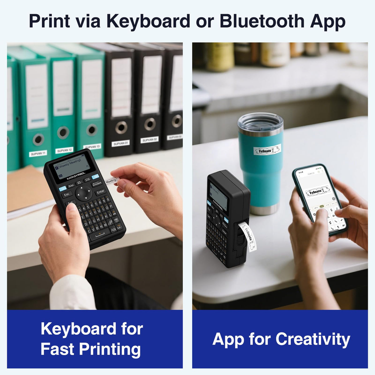 SUPVAN E11 Keyboard & Bluetooth Label Maker Machine with 4 Tapes | Rechargeable, Versatile App with 30+ Fonts and 660+ Icons, Minimal Margin, Inkless, for School, Home, Kitchen, Office