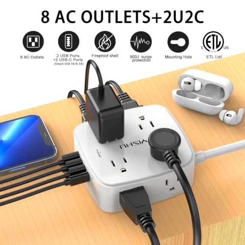 YISHU 6Ft Surge Protector Power Strip with 8 Widely Outlets & 4 USB Ports | 3 Side Outlet Extender with 6 Feet Extension Cord, Flat Plug, for Home, Office, College Dorm Room Essentials