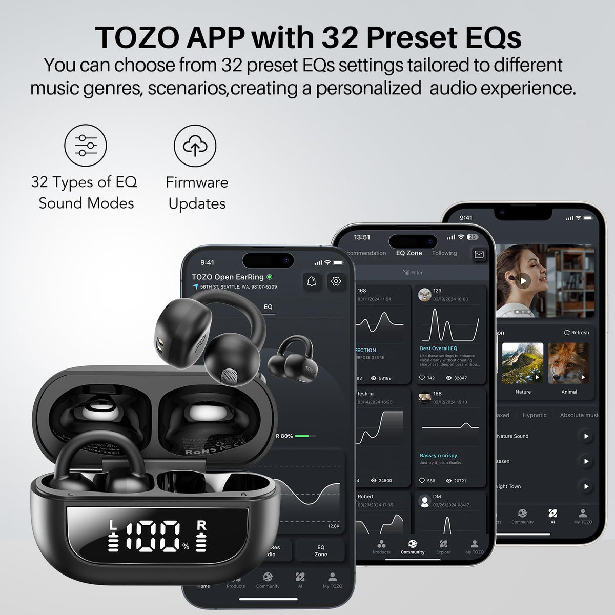 TOZO OpenEarRing Open Ear Earbuds 40H Bluetooth 5.4 Lightweight Comfort | Open Ear Clip On Wireless Earbuds with Smart Digital LED Display, Stable Connection, Secure Fit for Driving Workout Black