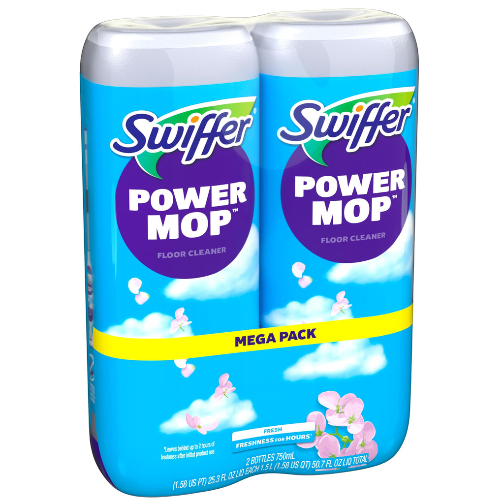 Swiffer PowerMop Liquid Floor Cleaner Refills, Solution for Power Mop, Fresh Scent, 2 Count Mopping Fluid Replacement Bottle, Spray Mops Cleaning Juice, No Bucket Needed, Multi-Surface and Wood