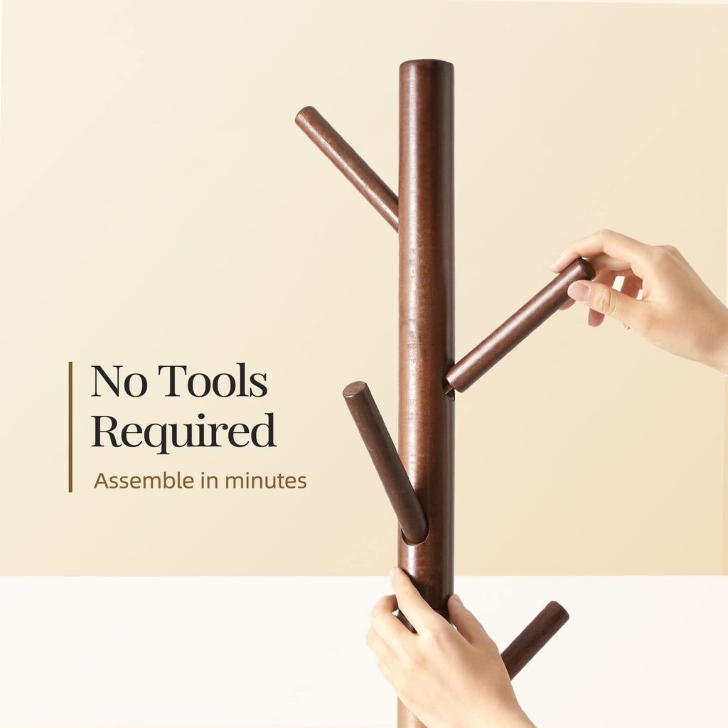 Pipishell Solid Wooden Coat Rack Freestanding with 8 Hooks, Brown | 3 Height Options, 100% Pine Wood, Tool-Free Assembly, Large Triangular Base, Smooth Rods & Hooks Prevent Clothing Snags