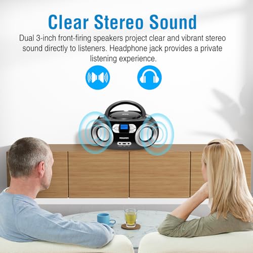 MEGATEK Portable CD Player Boombox with Bluetooth & FM Radio – Black | USB Playback, Clear Stereo Sound, AUX Input, Headphone Jack, CD-R/RW & MP3-CD Support, LCD Display, AC/Battery Powered