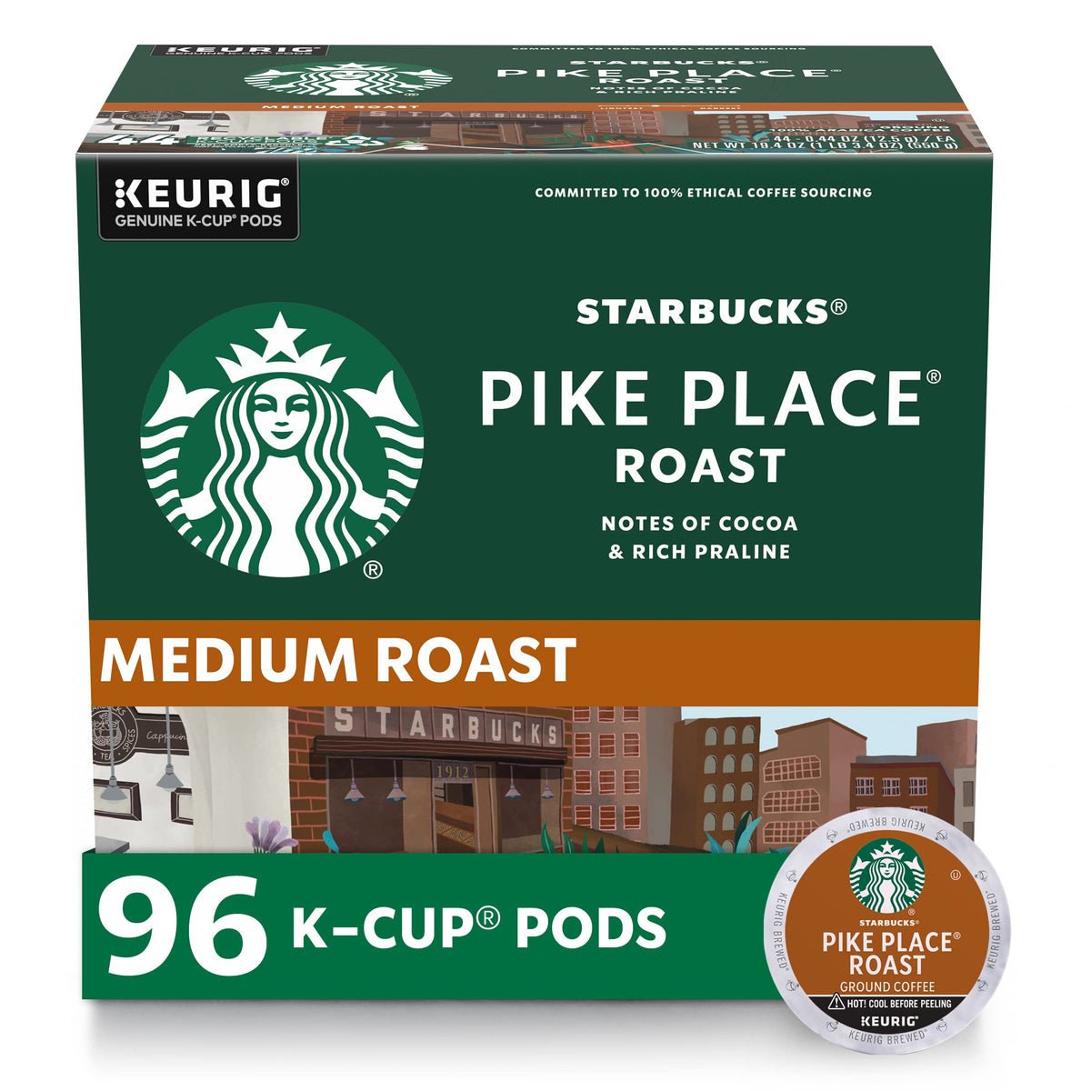 Starbucks K-Cup Coffee Pods, Medium Roast Hot or Iced Coffee, Pike Place Roast, 96 Keurig Pods ​
