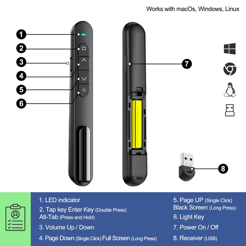 QUI Presentation Clicker with Volume Control, Wireless Presenter Remote | Plug & Play 2.4GHz USB Slide Advancer Compatible with Mac/Windows, Works with PowerPoint, Keynote, and Google Slides