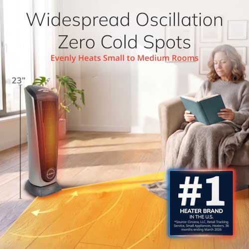 Lasko 23" Ceramic Tower Space Heater with Remote Control - Silver - 751320 | 1500W, Widespread Oscillation, 2 Heat Settings, Portable Tower Heater for Indoor Use and Office, Timer, Overheat Protection