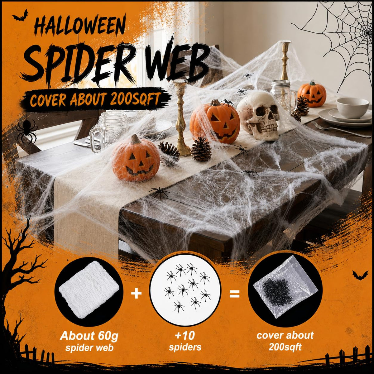 Land Guard 200 sqft Spider Web, Bonus with 10 Artificial Spiders, Fabric Spider Webbing, Cobweb Halloween Decor for Indoor and Outdoor Party Supplies