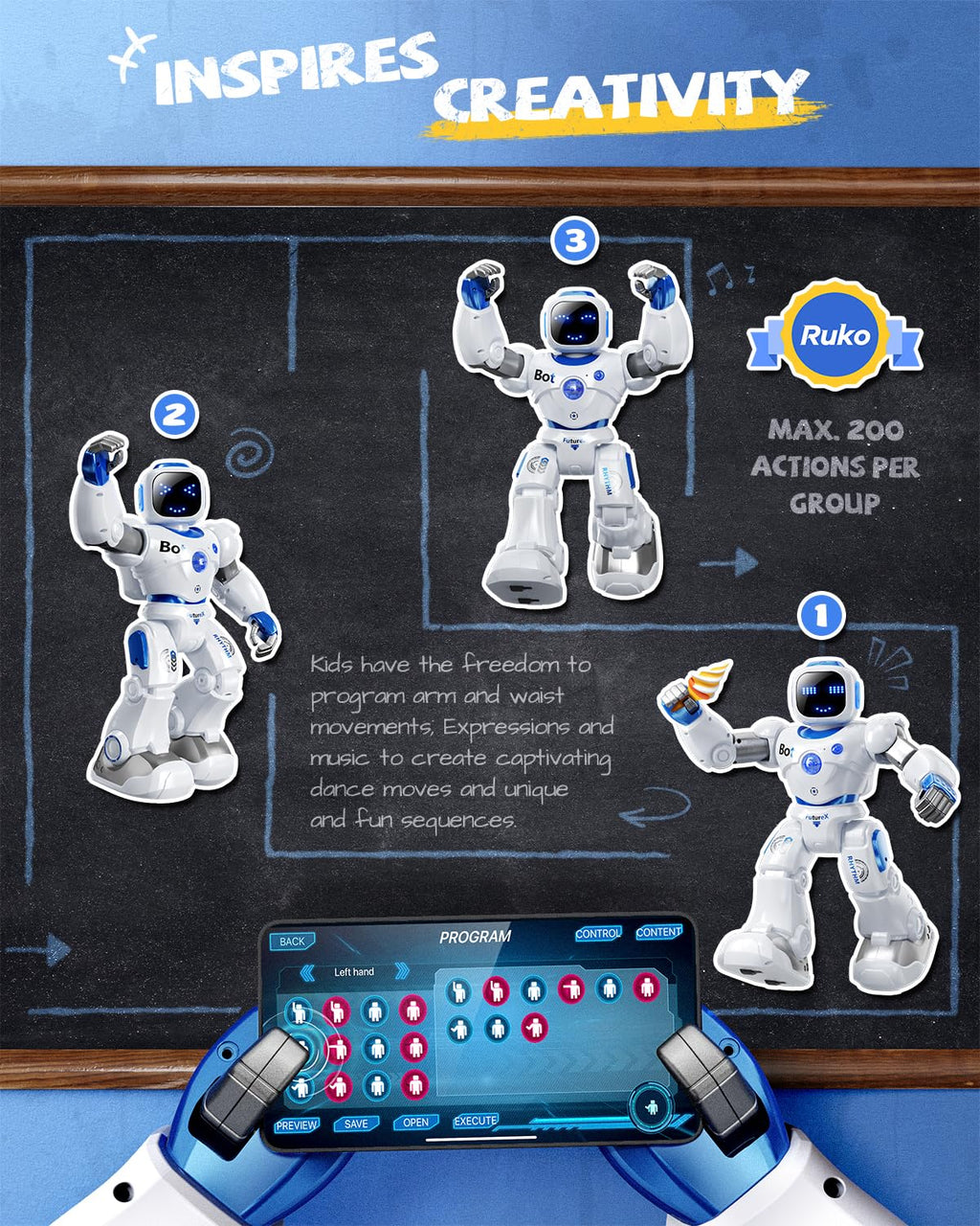 Ruko 1088 Smart Robot Toy for Kids, Large Programmable Interactive Gift | Support Remote Control & App Control & Voice Command, Birthday Gift for Boys & Girls Ages 4 5 6 7 8 9, Blue
