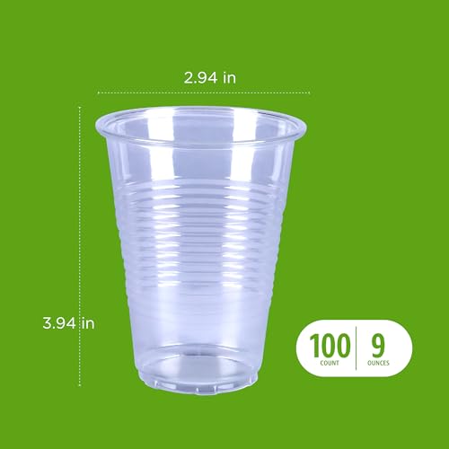 Amazon Basics Small Disposable Clear Plastic Cups, 9oz, 100 Count, Packaging May Vary