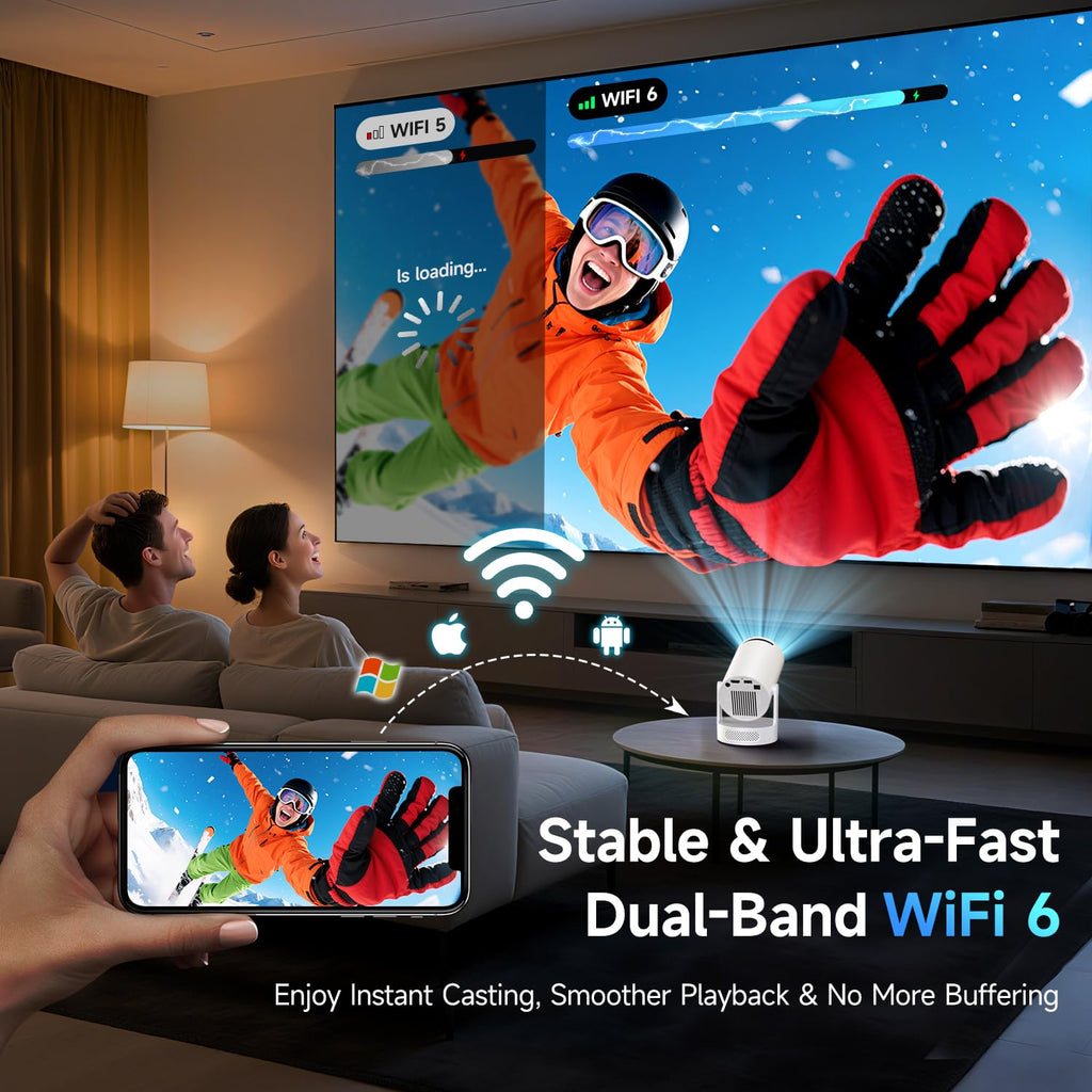 Philoent Mini Projector with WiFi 6 and BT 5.4, Built-in Apps 2026 Upgraded | 1080P/4K Support, 180° Rotation, Wi-Fi 6 & Bluetooth 5.4, Automatic Keystone Correction, Fast Focus, 25 dB for home cinema