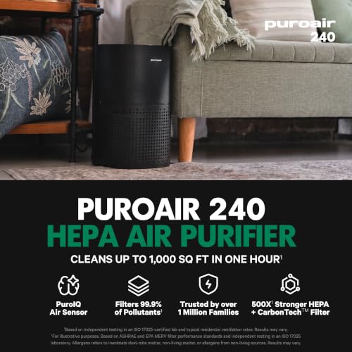 PuroAir 240 HEPA Air Purifiers for Home Pets Bedroom 1000 Ft² - Black | Certified HEPA + CarbonTech™ Air Filter for Smoke, Odor, Allergies - PuroIQ Sensor Auto-Mode, Quiet Sleep-Mode, 360° Intake