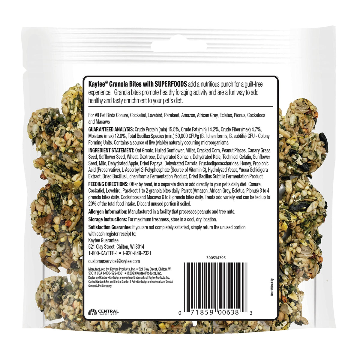 Kaytee Granola Bites with Super Foods Spinach and Kale for Pet Birds, Conure, Cockatiel, Lovebird, Parakeet, Amazon, African Grey, Ecletus, Pionus, Cockatoos and Macaws, 4.50 Ounce (Pack of 1)