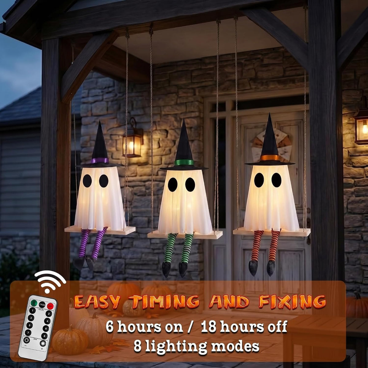 Halloween Swinging Ghost Outdoor Decor, Spooky Hanging Ghosts Decorations | Set of 3, Timer Function, Remote Control, Unique Ghost & Witch Fusion Design, Solid Wood, 29.5Inches Height
