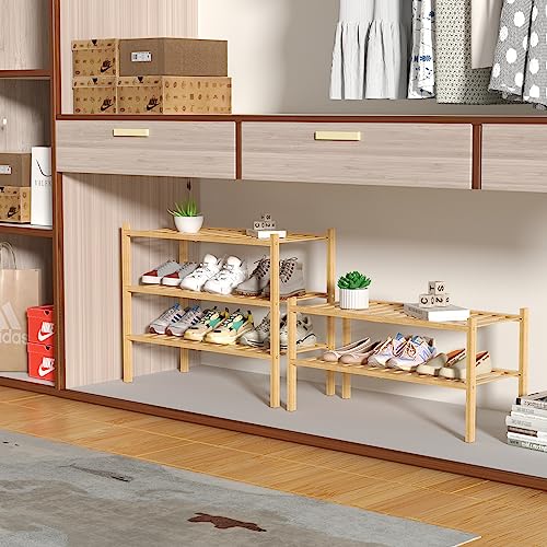 ROMGUAR CRAFT 3 Tier Bamboo Shoe Rack for Closet Free Standing Wood Shoe Shelf Storage Organizer for Entryway Small Space Stackable 27"x11"x20" (Natural)