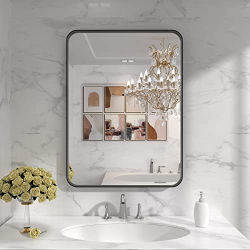 LOAAO 22X30 Inch Black Bathroom Mirror Metal Framed | Rounded Rectangle, Matte Black Bathroom Vanity Mirror, Anti-Rust, Hangs Horizontally or Vertically