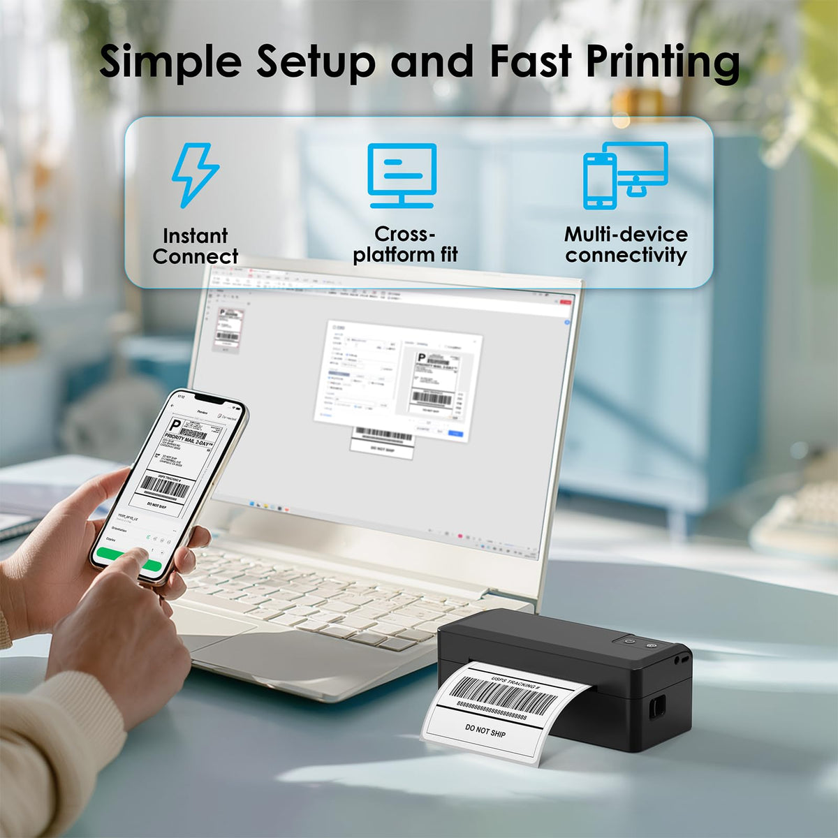 KNAON Shipping Thermal Label Printer, 4x6 Portable Label Printer, Black | Bluetooth Label Printer, Portable for Home Office & Small Business, Works with iPhone, Android, PC, Perfect for Etsy, USPS