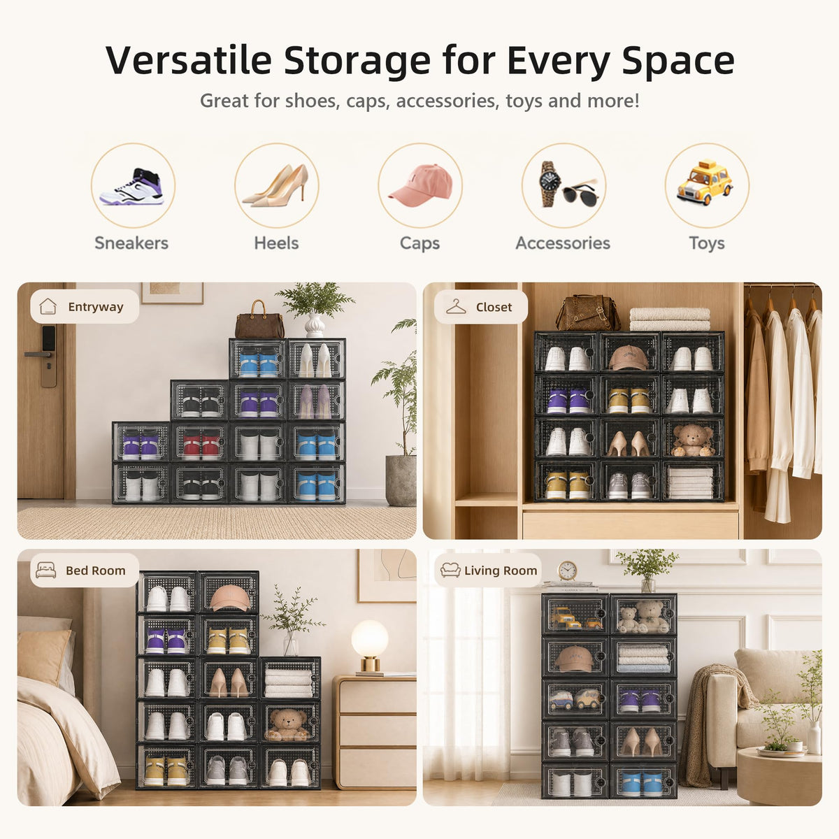 Kuject X-Large Shoe Storage Boxes 12 Pack, Clear Stackable Shoe Organizer | Drop-Front Space-Saving Shoe Cases for Closet, Entryway & Under-Bed Storage, Family Organizer,Black