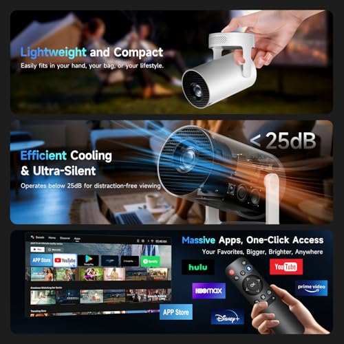 Philoent Mini Projector with WiFi 6 and BT 5.4, Built-in Apps 2026 Upgraded | 1080P/4K Support, 180° Rotation, Wi-Fi 6 & Bluetooth 5.4, Automatic Keystone Correction, Fast Focus, 25 dB for home cinema