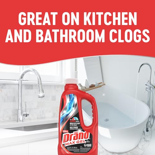 Drano Max Gel Drain Clog Remover & Cleaner, Safe for All Pipes/Septic, 32oz | Works on Tough Hair, Grease, Soap & Food Clogs, Cuts Through Standing Water, Protects Against Pipe Corrosion, Kitchen & Bath