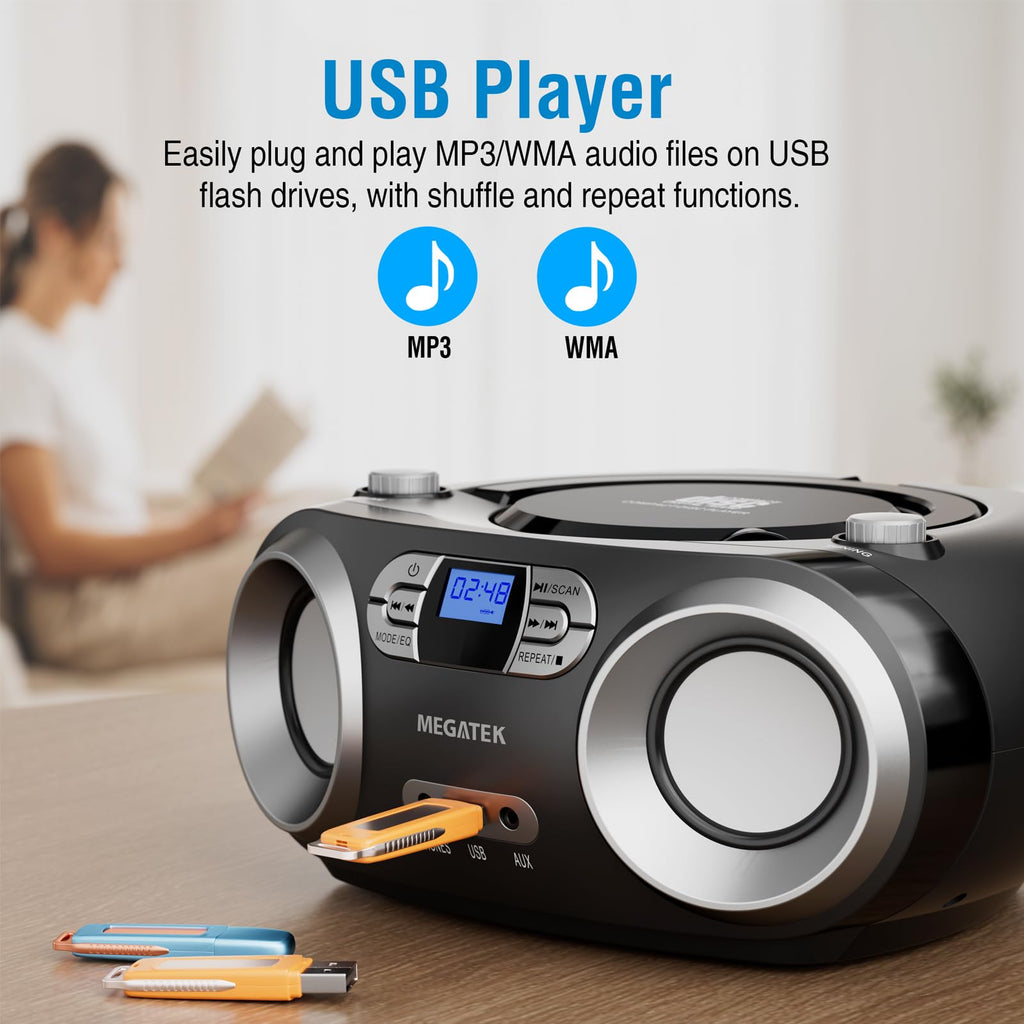 MEGATEK Portable CD Player Boombox with Bluetooth & FM Radio – Black | USB Playback, Clear Stereo Sound, AUX Input, Headphone Jack, CD-R/RW & MP3-CD Support, LCD Display, AC/Battery Powered