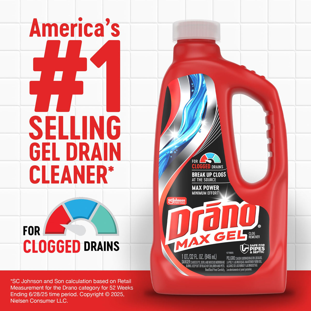 Drano Max Gel Drain Clog Remover & Cleaner, Safe for All Pipes/Septic, 32oz | Works on Tough Hair, Grease, Soap & Food Clogs, Cuts Through Standing Water, Protects Against Pipe Corrosion, Kitchen & Bath