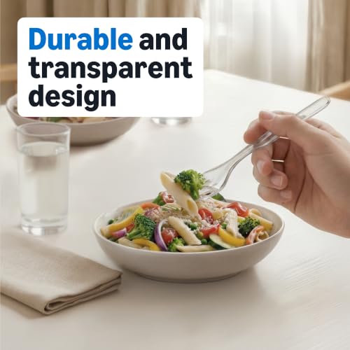 Amazon Basics Disposable Clear Plastic Forks, Premium Quality, 100 Count, Large Pack, Packaging May Vary