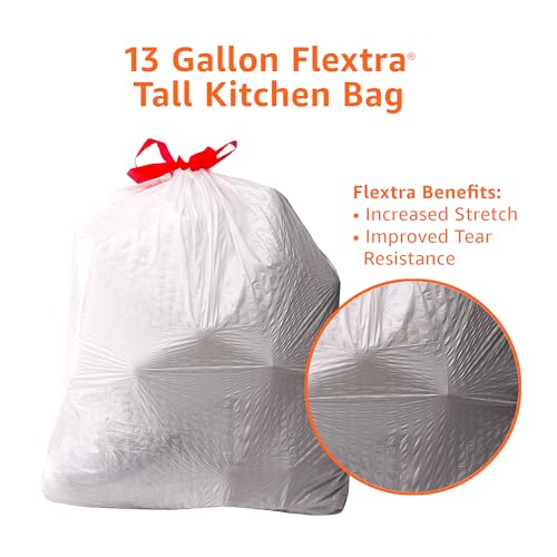 Amazon Basics 13 Gallon Flextra Strength Tall Kitchen Drawstring Trash Bags, Tear Resistant, 90 count