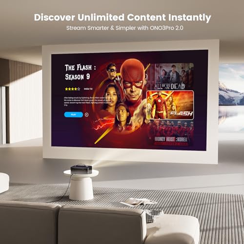 ONOAYO Outdoor-Projector-4K with AI Auto Focus,50WDolby Audio,Built-in Apps | High Brightness, Smart OS 2.0, Movie Projector with WiFi Bluetooth, Portable Proyector for Bedroom/Ceiling/Camping