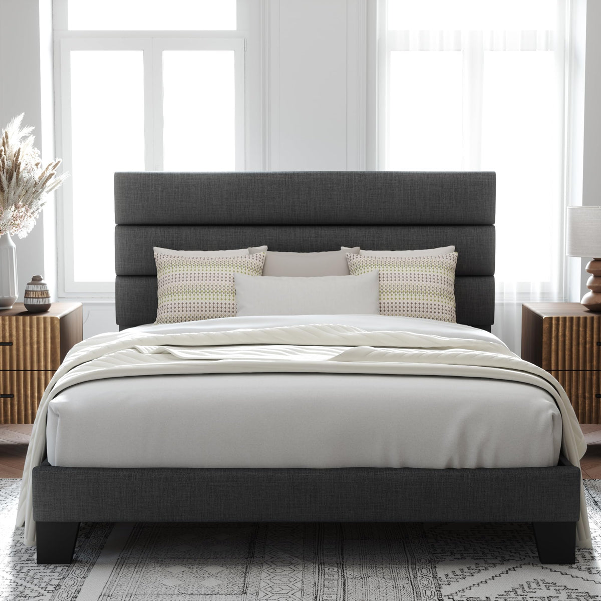 Allewie Queen Size Platform Bed Frame with Fabric Upholstered Headboard | Wooden Slats Support, Fully Upholstered Mattress Foundation, No Box Spring Needed, Easy Assembly, Noise-Free, Dark Grey