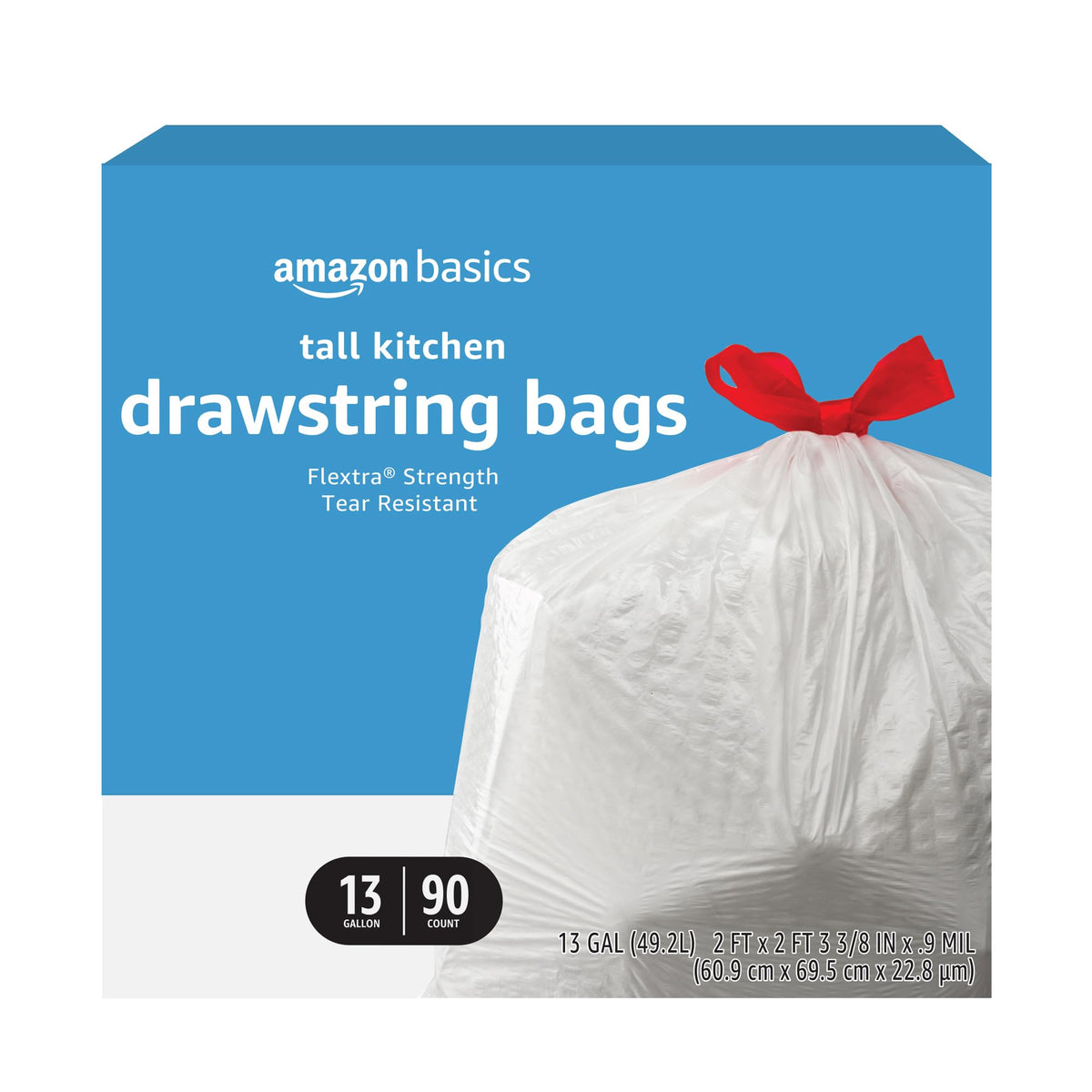 Amazon Basics 13 Gallon Flextra Strength Tall Kitchen Drawstring Trash Bags, Tear Resistant, 90 count