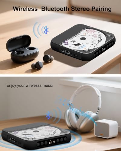 ENVYCLOUD CD Player Portable with Dual Stereo Speakers, Rechargeable Portable CD Player with Bluetooth for Home with Headphones,Black