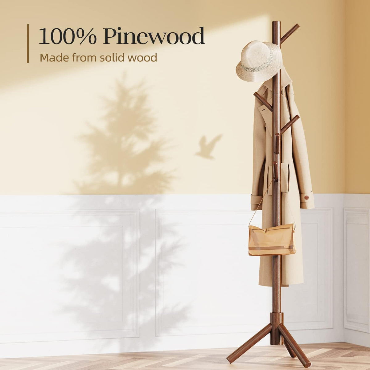 Pipishell Solid Wooden Coat Rack Freestanding with 8 Hooks, Brown | 3 Height Options, 100% Pine Wood, Tool-Free Assembly, Large Triangular Base, Smooth Rods & Hooks Prevent Clothing Snags