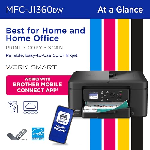 Brother Work Smart 1360 Wireless Color Inkjet All-in-One Print, Scan, Copy | Best-for-home, duplex printing, auto document feeder, mobile printing, 1.8” display, works with Alexa