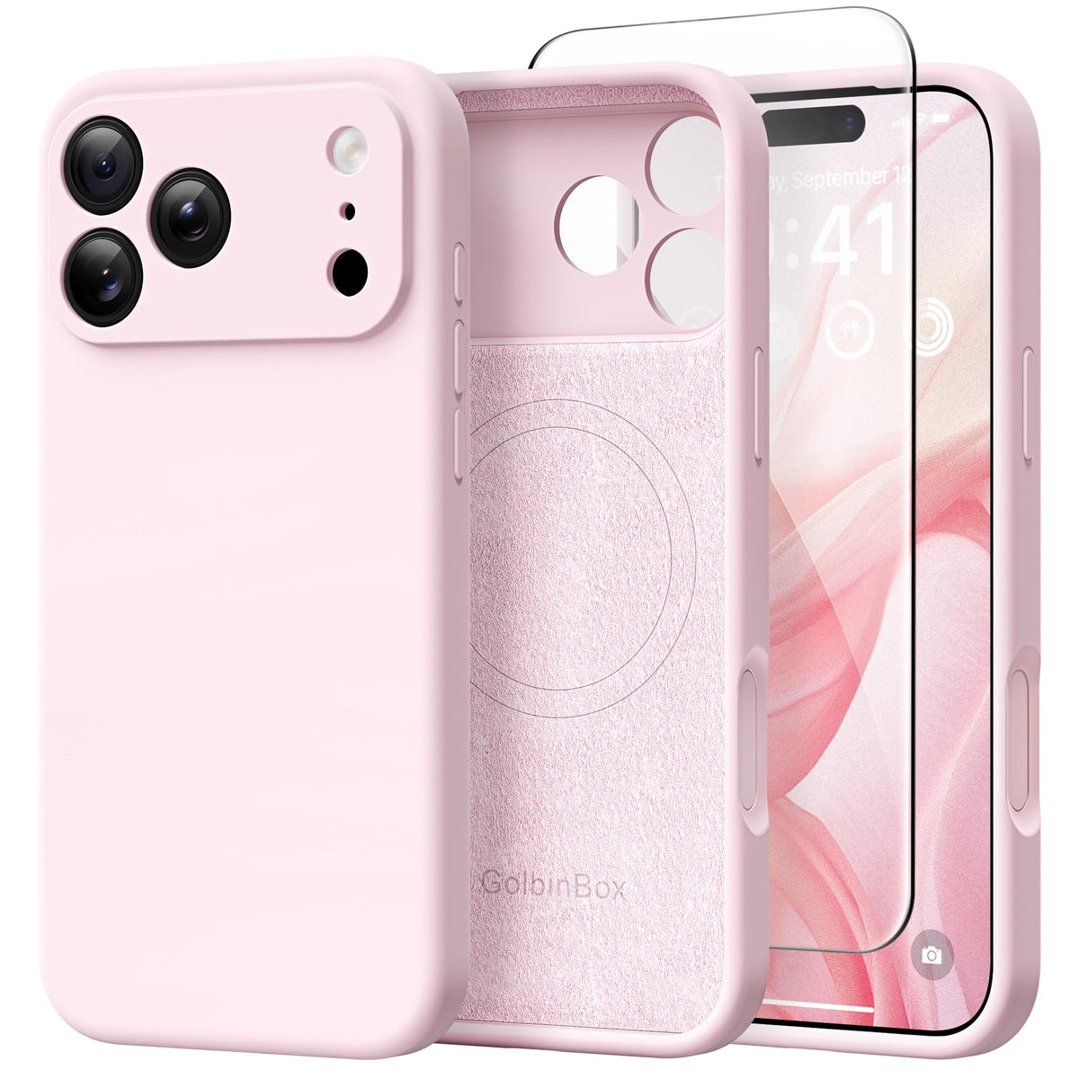 GolbinBox Magnetic for iPhone 18 Pro Case/17 Pro Case, Chalk Pink | Compatible with MagSafe, Camera Protection, Screen Protector, Silicone Shockproof Phone Case, Anti-Scratch Microfiber Lining