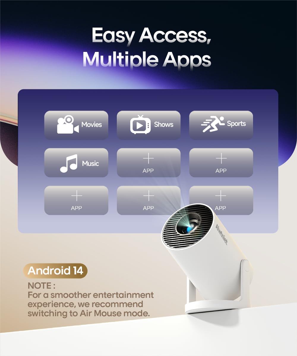 Mini Projector with Wifi and Bluetooth, Portable 4K Support, Android 14/ Auto Keystone, HY300Pro Small Smart Proyector for Bedroom Movie Outdoor, Compatible With HDMI/USB/TV Stick/Smartphone/Laptop