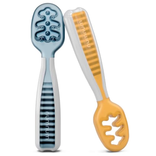 NumNum Baby Spoons Self Feeding 6 Months, 2-Pack Blue/Orange | First Stage Silicone Pre Spoon Utensils For Baby Led Weaning, BPA Free Baby Feeding Essentials, Dishwasher Safe