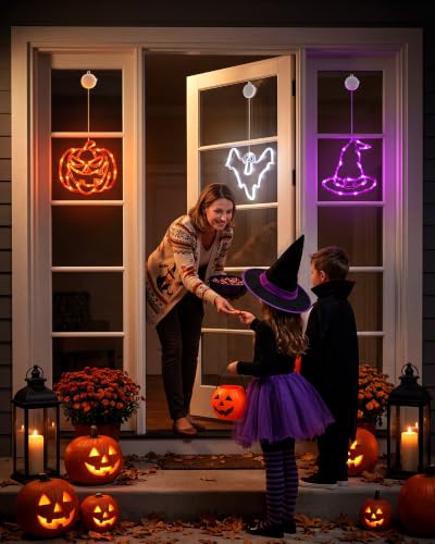 Minetom 3 Pack Halloween Windows Lights - Pumpkin, Ghost, Hat with Timer | Battery Operated Halloween Lights with Firm Suction Cup, Halloween Decorations for Windows, Doors, Balconies, Wardrobes
