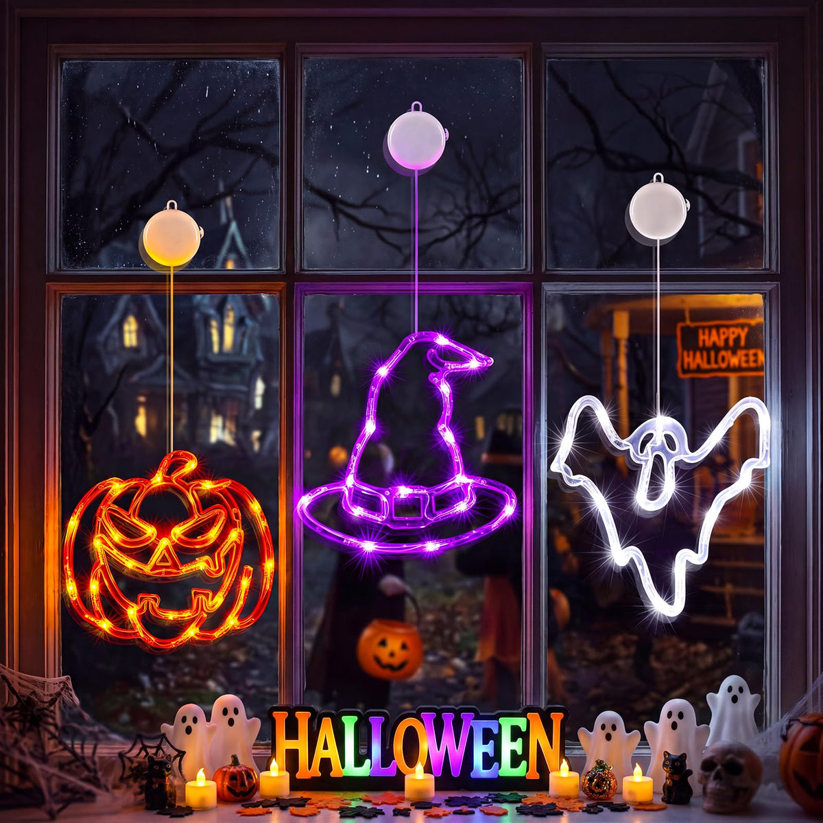Minetom 3 Pack Halloween Windows Lights - Pumpkin, Ghost, Hat with Timer | Battery Operated Halloween Lights with Firm Suction Cup, Halloween Decorations for Windows, Doors, Balconies, Wardrobes
