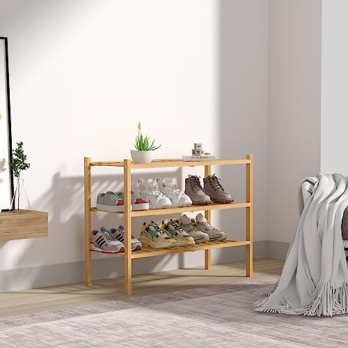 ROMGUAR CRAFT 3 Tier Bamboo Shoe Rack for Closet Free Standing Wood Shoe Shelf Storage Organizer for Entryway Small Space Stackable 27"x11"x20" (Natural)