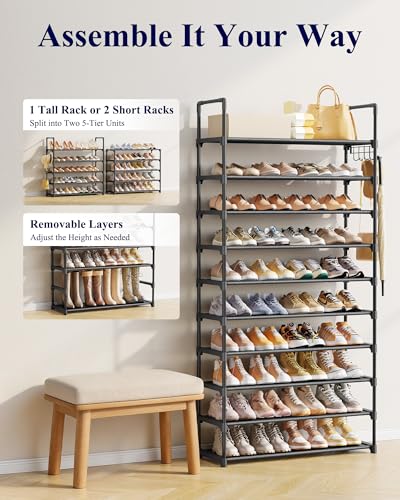 Kitsure 10 Tier Shoe Rack, Tall Shoe Organizer, 32.2" Wide, Black