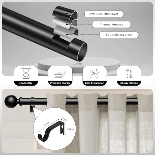 Wolistsa Curtain Rods 36-91 Inch, Black 1 Inch Adjustable Heavy Duty Curtain Rods for Windows, Decorative Modern Window Treatment Rod, Telescopic Splicing Metal Drapery Pole, Easy Installation
