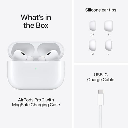 Apple AirPods Pro 2 Wireless Earbuds, Active Noise Cancellation, Hearing Aid Feature, Bluetooth Headphones, Transparency, Personalized Spatial Audio, High-Fidelity Sound, H2 Chip, USB-C Charging