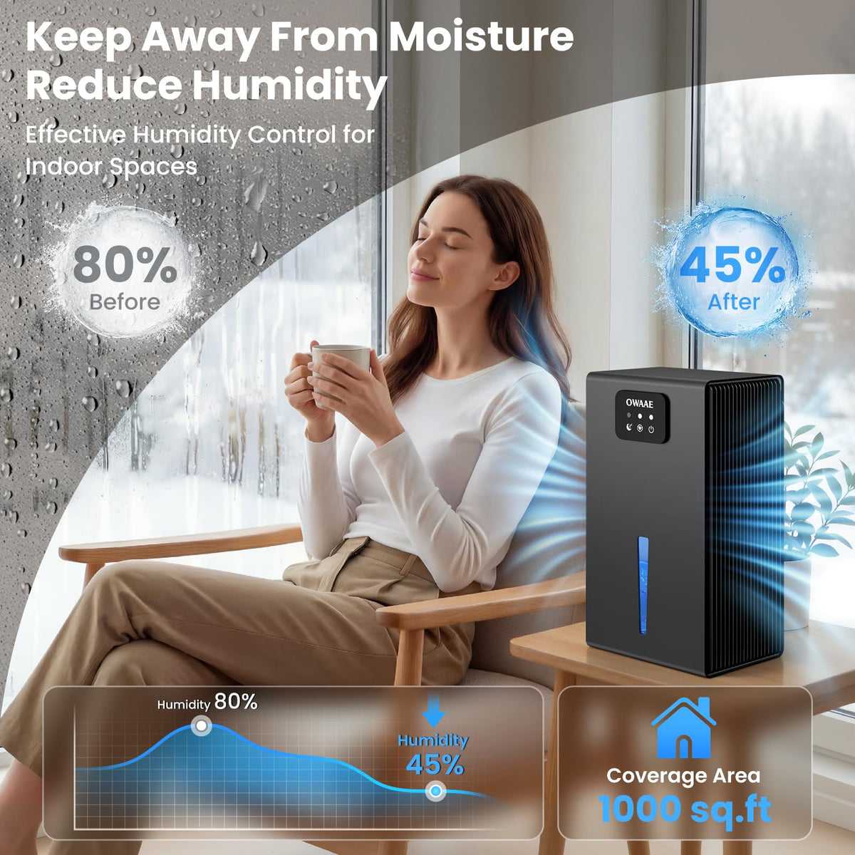 OWAAE Dehumidifier for Home with Auto Shutoff Sleep Mode, 1000 Sq Ft | Quiet for Bedroom Basement Bathroom with Portable 95oz Water Tank, Auto Shutoff, 7-color LED light, Grey