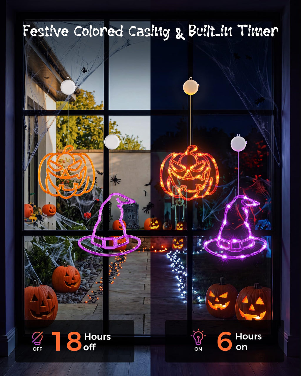 Minetom 3 Pack Halloween Windows Lights - Pumpkin, Ghost, Hat with Timer | Battery Operated Halloween Lights with Firm Suction Cup, Halloween Decorations for Windows, Doors, Balconies, Wardrobes