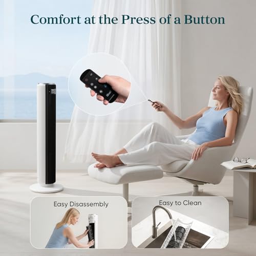 Levoit Tower Fan for Bedroom, 28ft/s Fans that Blow Cold Air, 28dB Quiet | Standing Floor Fan for Room, 90° Oscillating, 5 Speeds 4 Modes & Temp Sensor, Bladeless, 12H Timer, Remote, 36 inch, White